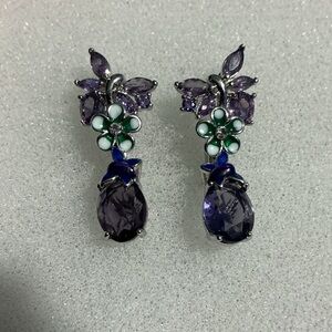 Exquisite Purple  Amethyst  Butterfly Sterling Silver Floral Enamel Earrings